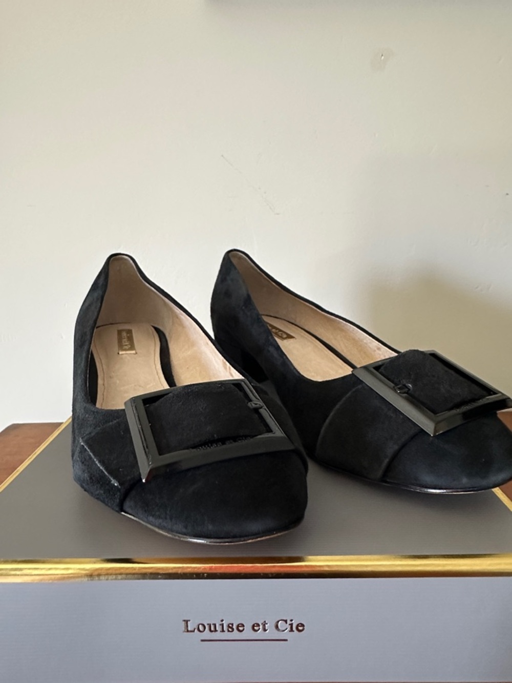 Louise et Cie Black Suede Square-Buckle, low heel shoe.